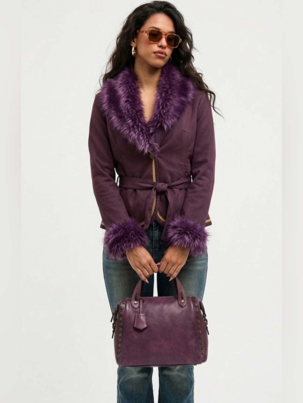 3 FOR $60 NEW‼️💜 Y2K Style Purple Suede Fur Trimmed Jacket Coat 💜 SIZE XS to S